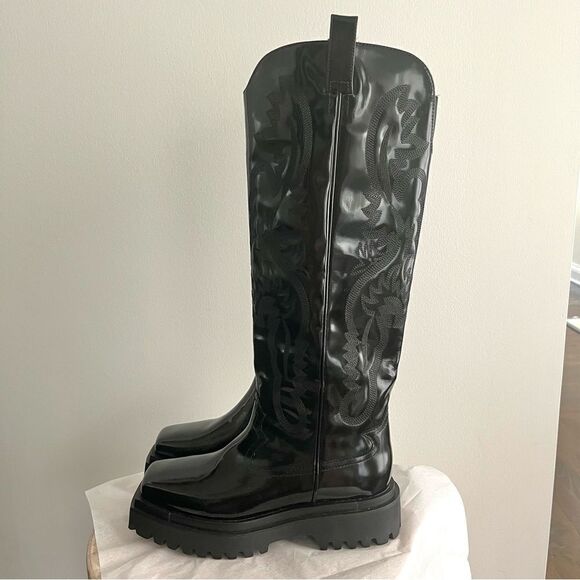 Jeffrey Campbell Night Ride Western Lug Sole Black Knee High Boots Size 9 NWOB - Picture 3 of 13